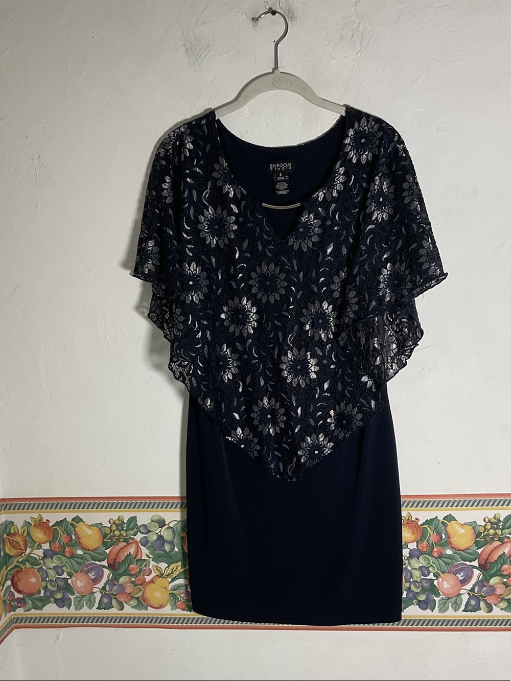 Enfocus Studio Navy Silver Floral Lace Overlay Dress Size 8